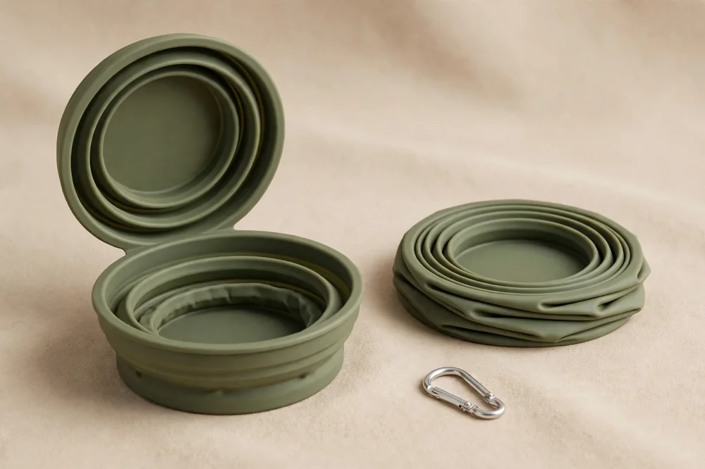 Ciotola pieghevole in silicone verde oliva aperta e ripiegata con moschettone su fondo sabbia