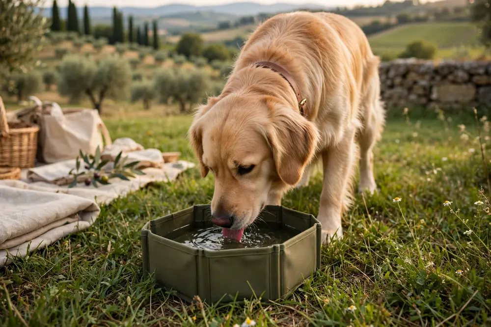 Cane che beve da una ciotola pieghevole verde oliva durante una sosta in campagna