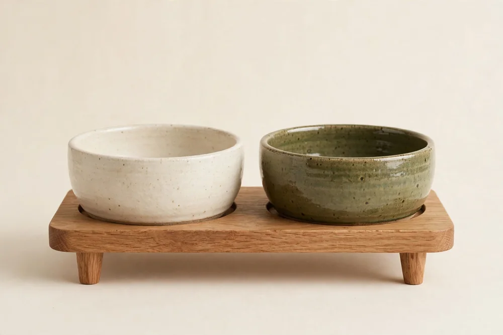 Set di due ciotole in ceramica smaltata avorio e verde oliva su supporto in legno