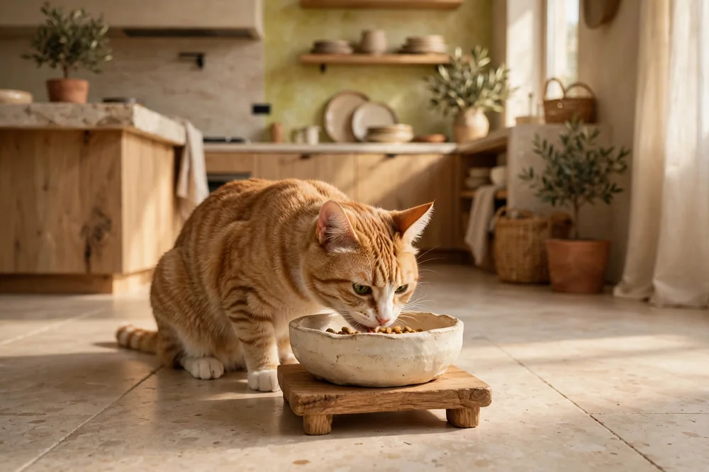Gatto che mangia da una ciotola in ceramica avorio su supporto in legno in una cucina luminosa