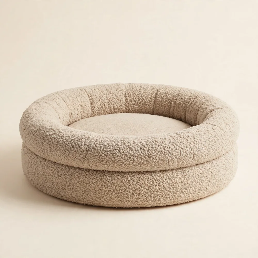 Cuccia rotonda per gatti in tessuto bouclé color sabbia su fondo avorio