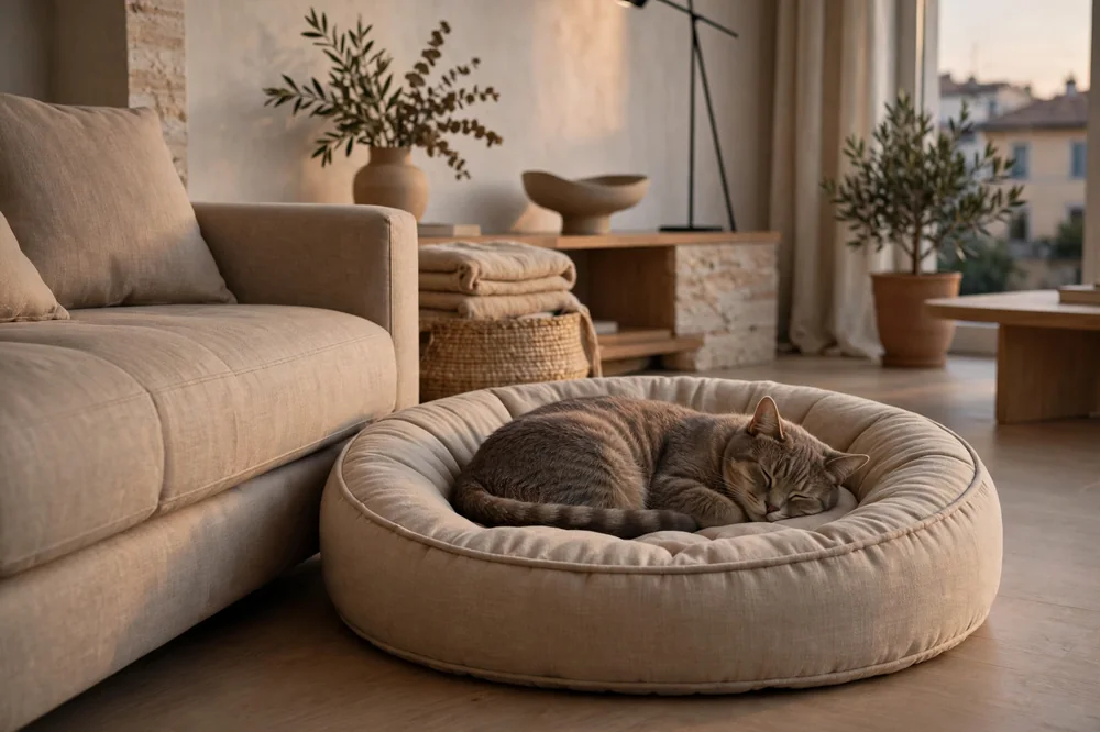 Gatto che dorme nella cuccia rotonda color sabbia, parte del Set Comfort Gatto