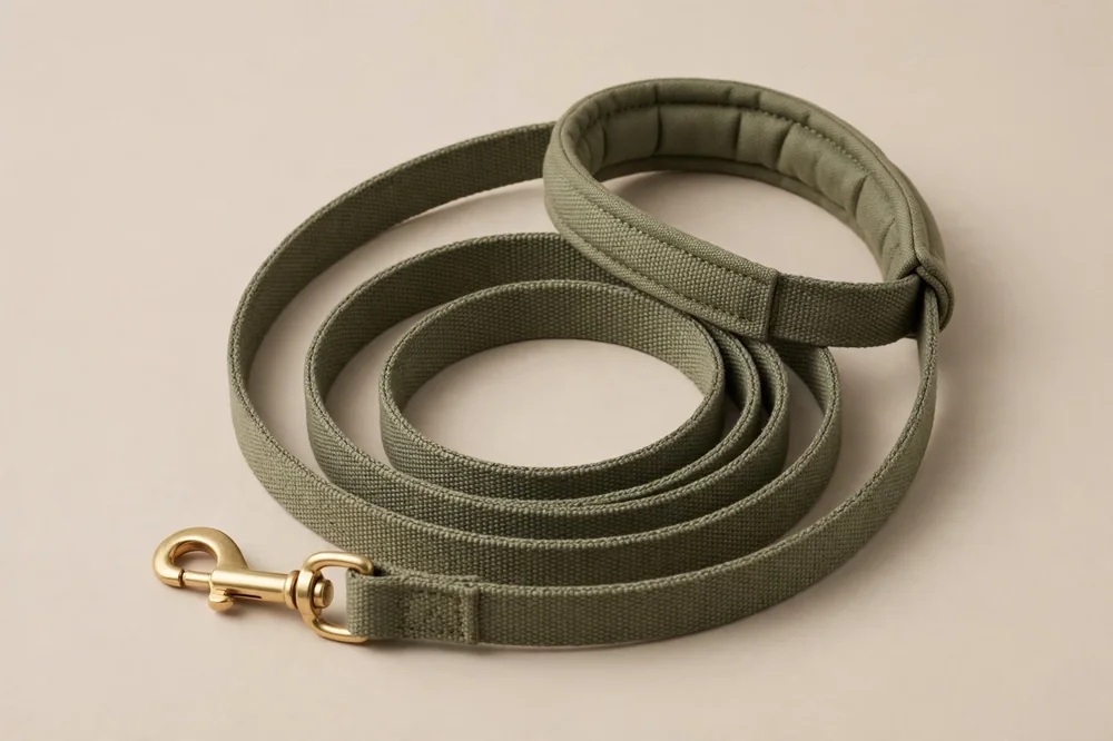 Guinzaglio per cani in tessuto verde oliva con moschettone color ottone arrotolato su fondo sabbia