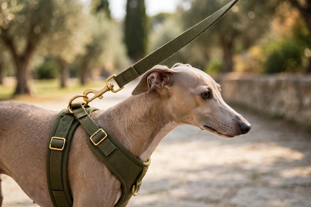 Pettorina e guinzaglio coordinati verde oliva indossati da un cane durante una passeggiata