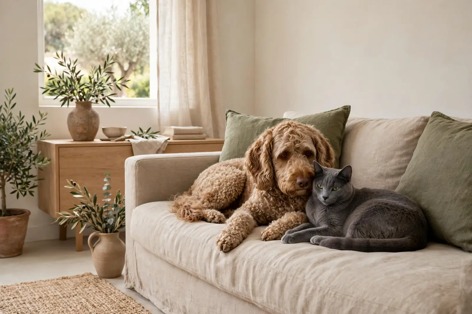 Cane e gatto insieme sul divano in un soggiorno italiano contemporaneo