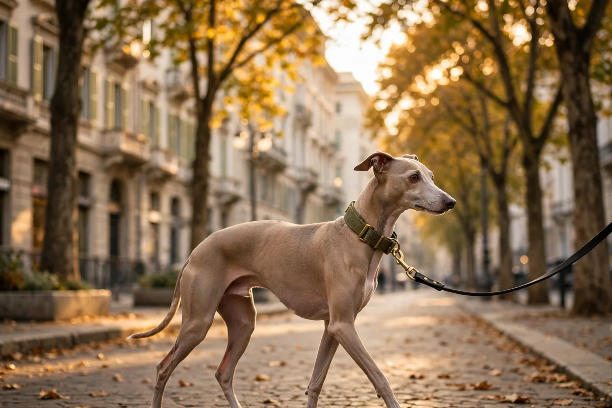 Cane con collare verde oliva al guinzaglio in un viale alberato di città italiana