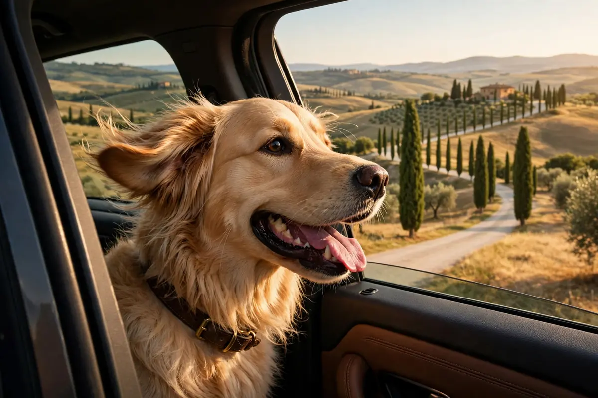 Cane affacciato al finestrino durante un viaggio tra le colline toscane
