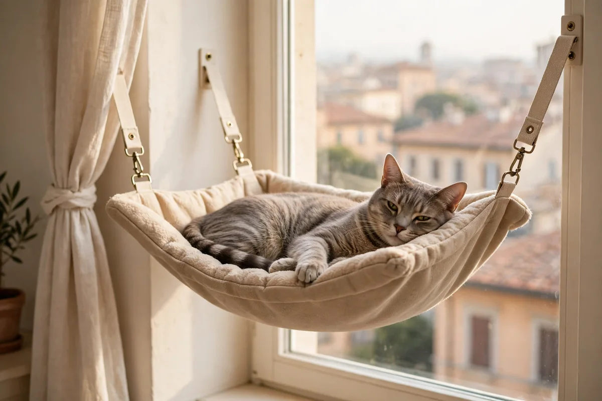 Gatto nell'amaca da finestra con vista sulla città