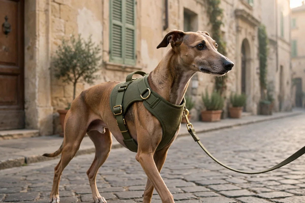 Cane con pettorina verde oliva in passeggiata in un centro storico italiano