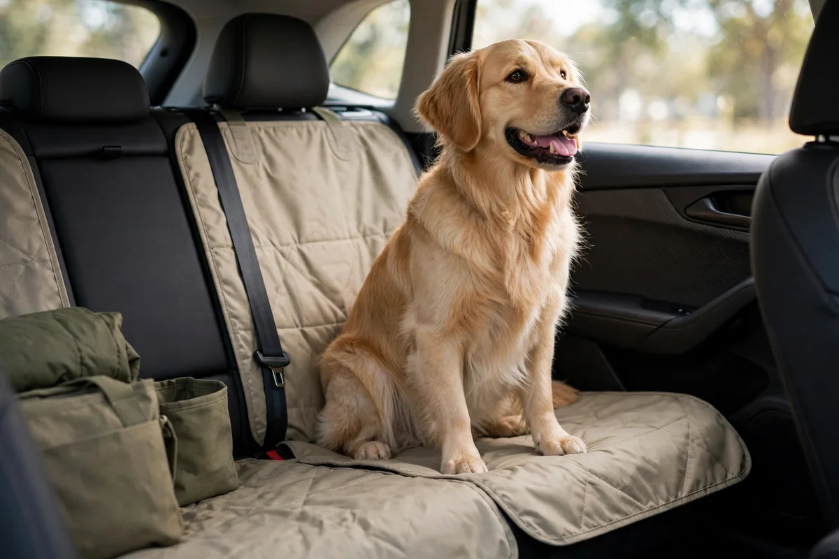 Cane sul coprisedile auto durante un viaggio, parte del Set Viaggio Piuma